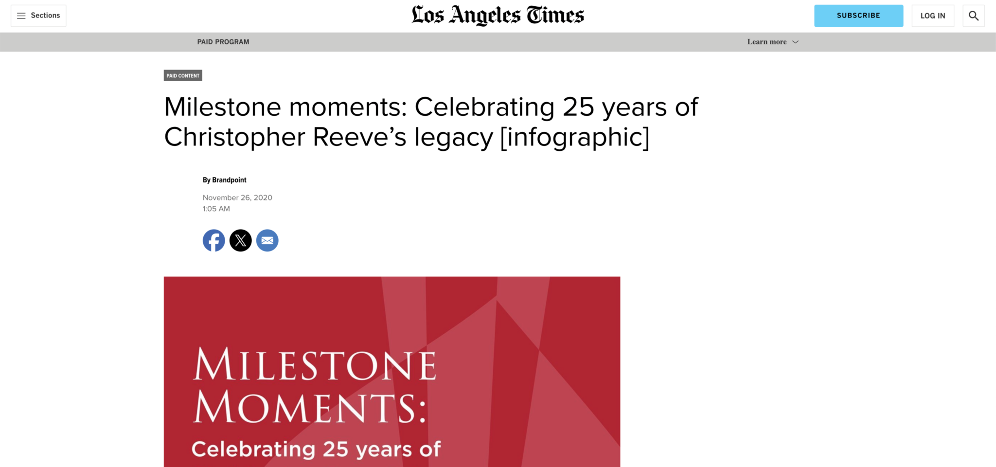 Los Angeles Times paid-post mockup featuring the Christopher & Dana Reeve Foundation placement