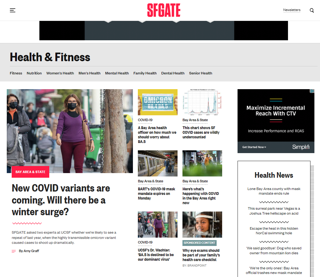SF Gate health section showing the CooperVision sponsored-content native ad