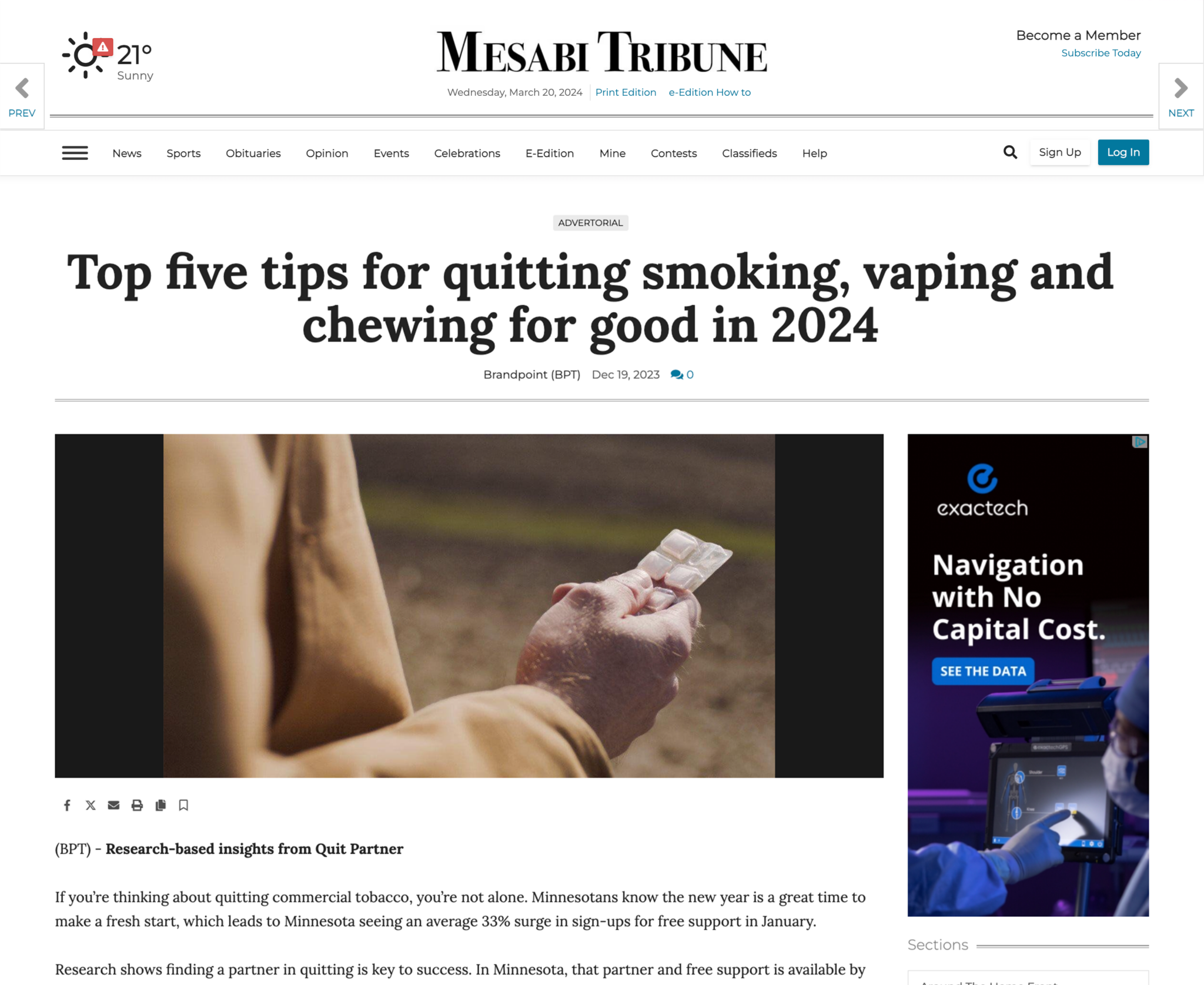 Mesabi Tribune print mockup featuring the Minnesota Department of Health placement