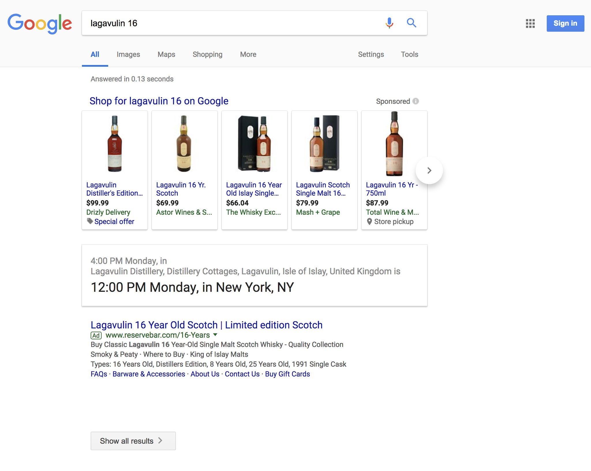 Screen grab of Google search for lagavulin 16 with no organic links