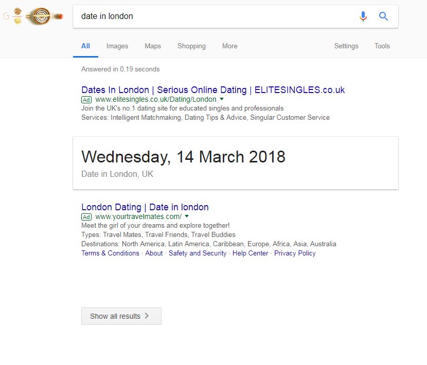 Screen grab of Google search results for date in london showing no organic results
